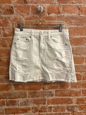 American Eagle Outfitters White Distressed Denim Mini Skirt with Frayed Hem